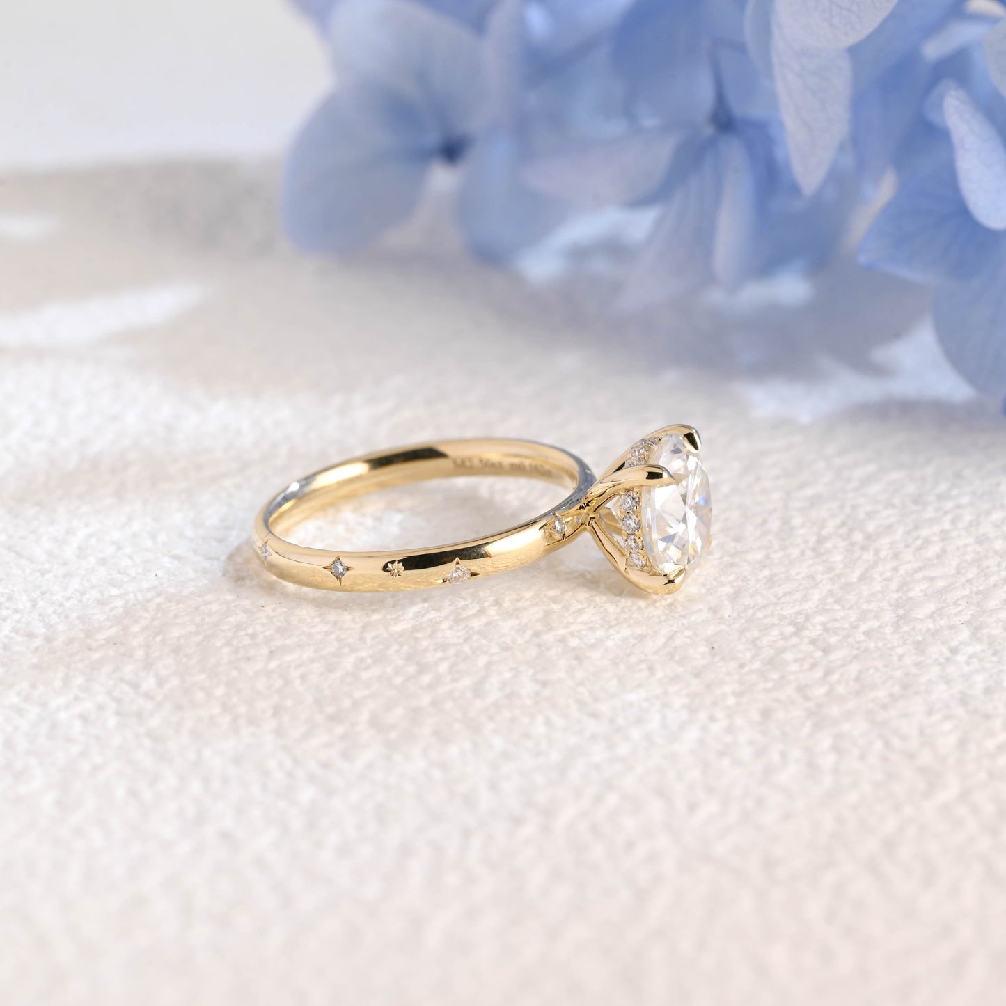 CausYou round cut moissanite engagement ring Solid Gold Solitaire Hidden Halo Round Cut Moissanite Engagement Ring, Star Engraved Band