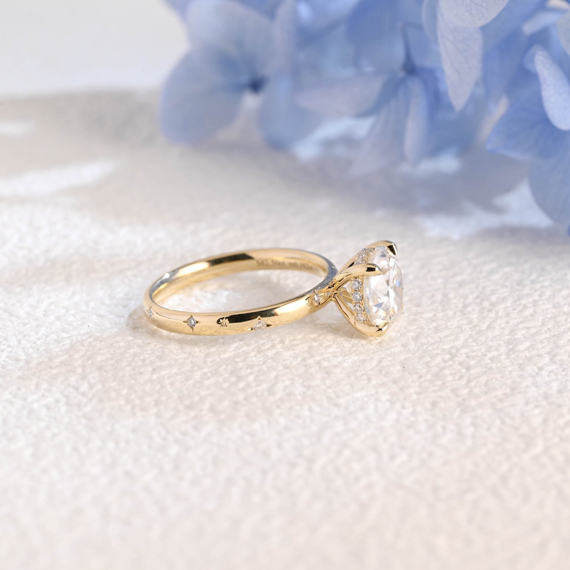 CausYou round cut moissanite engagement ring Solid Gold Solitaire Hidden Halo Round Cut Moissanite Engagement Ring, Star Engraved Band