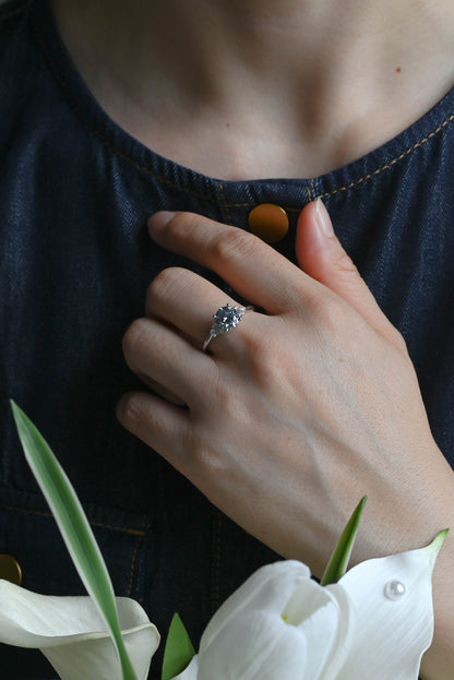 CausYou round cut moissanite engagement ring Solid Gold Three Stone Round Cut Blue Moissanite Engagement Ring