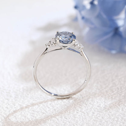 CausYou round cut moissanite engagement ring Solid Gold Three Stone Round Cut Blue Moissanite Engagement Ring