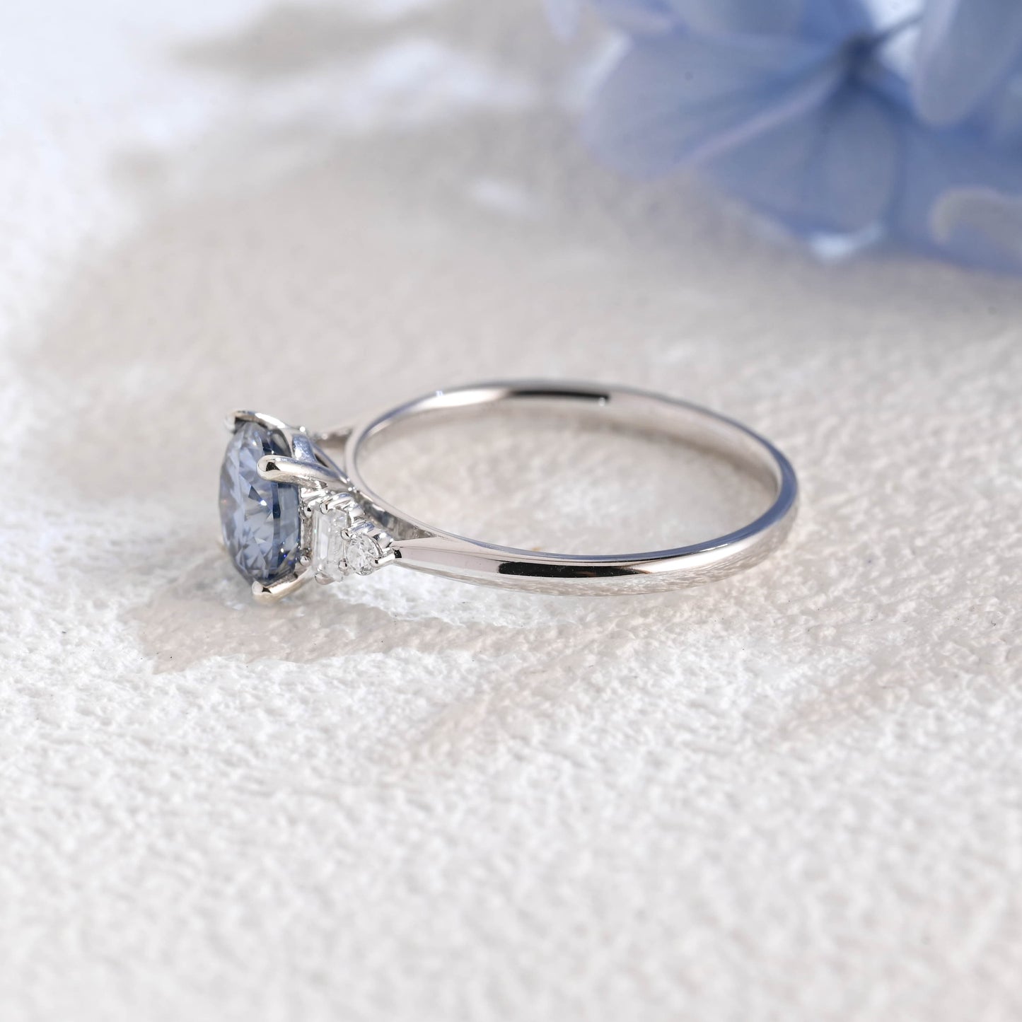 CausYou round cut moissanite engagement ring Solid Gold Three Stone Round Cut Blue Moissanite Engagement Ring