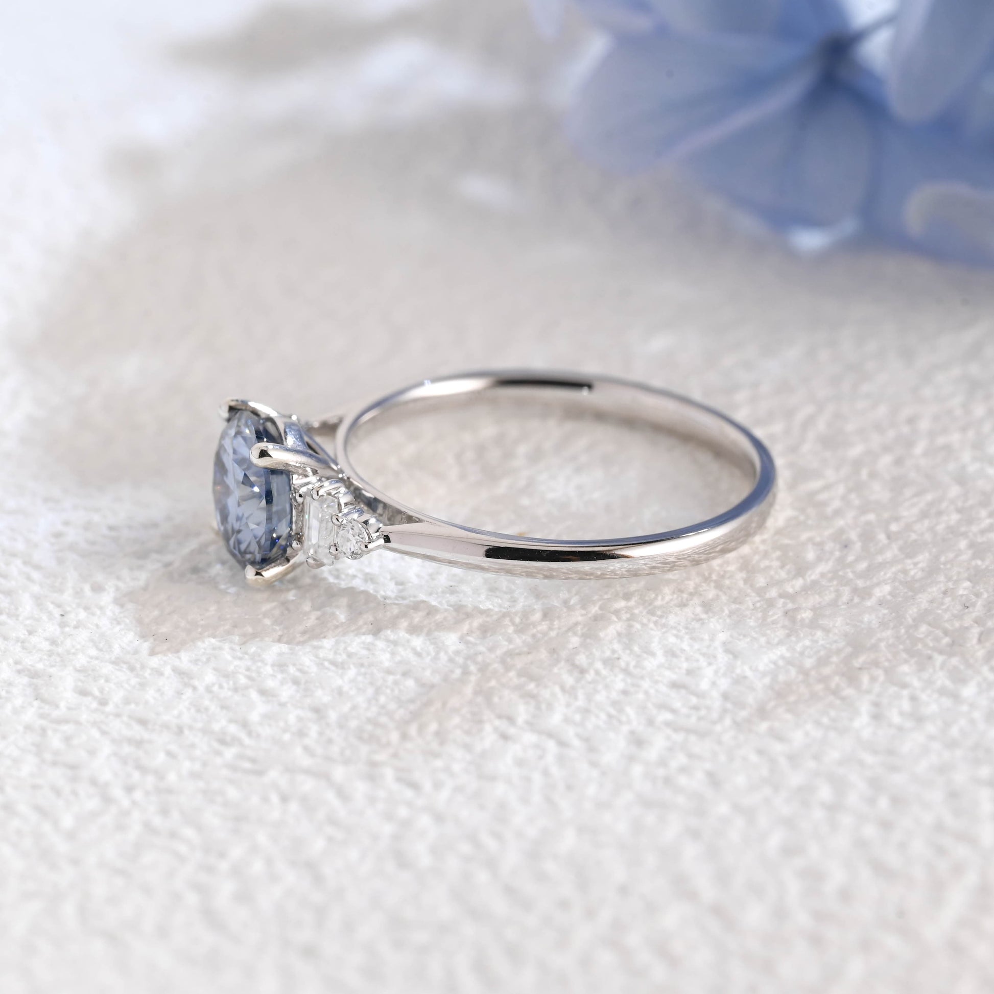 CausYou round cut moissanite engagement ring Solid Gold Three Stone Round Cut Blue Moissanite Engagement Ring