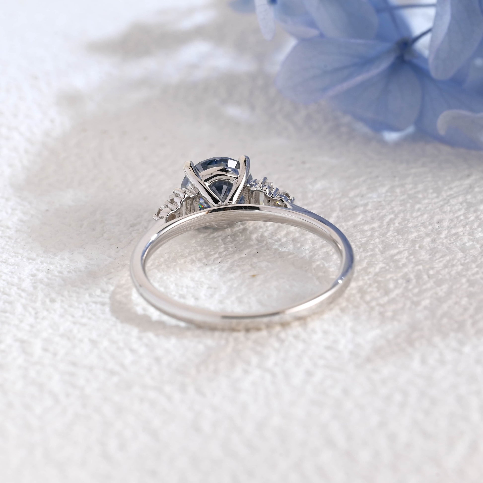 CausYou round cut moissanite engagement ring Solid Gold Three Stone Round Cut Blue Moissanite Engagement Ring