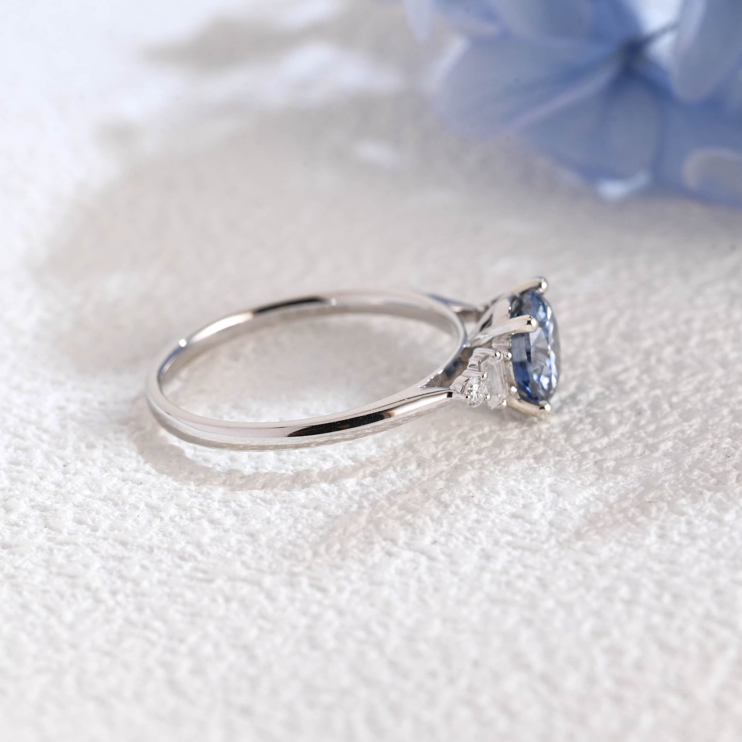 CausYou round cut moissanite engagement ring Solid Gold Three Stone Round Cut Blue Moissanite Engagement Ring