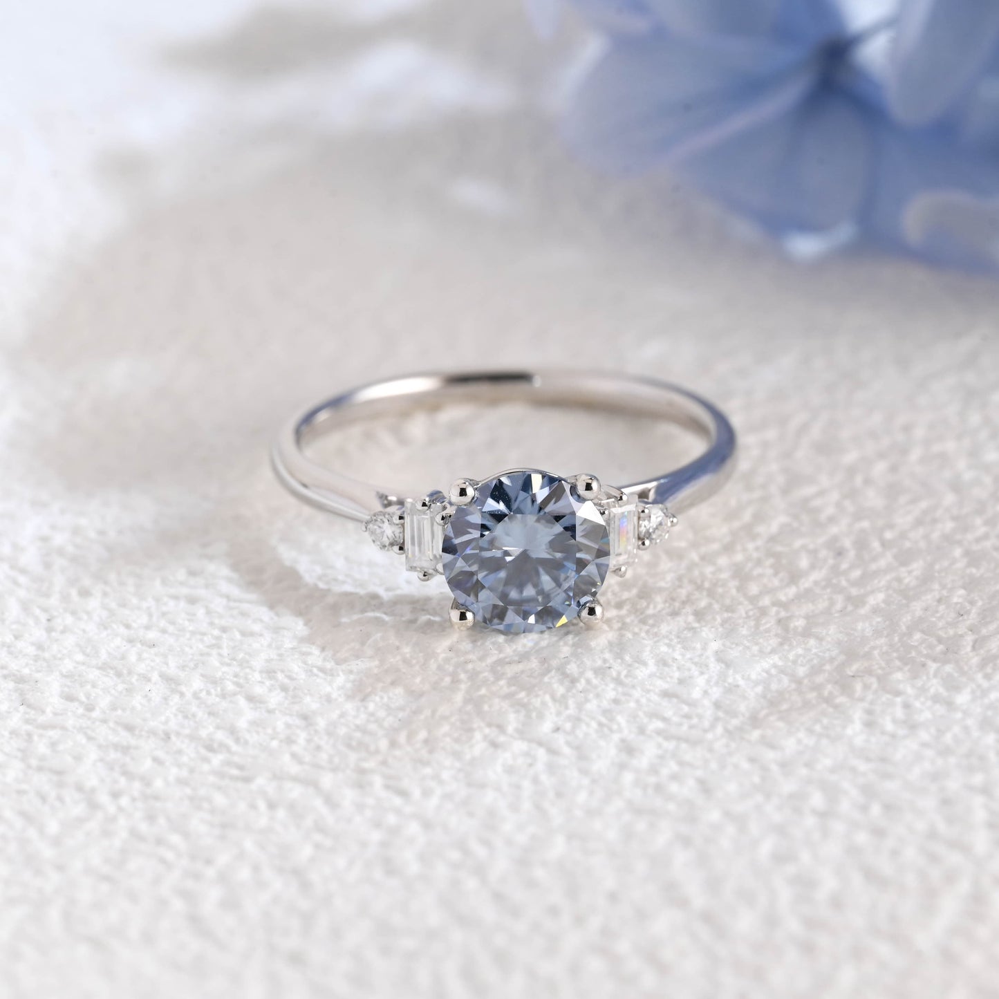 CausYou round cut moissanite engagement ring Solid Gold Three Stone Round Cut Blue Moissanite Engagement Ring