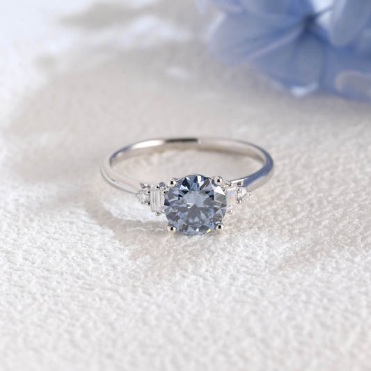 CausYou round cut moissanite engagement ring Solid Gold Three Stone Round Cut Blue Moissanite Engagement Ring
