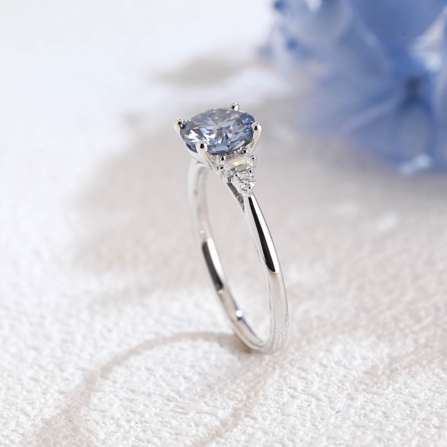 CausYou round cut moissanite engagement ring Solid Gold Three Stone Round Cut Blue Moissanite Engagement Ring