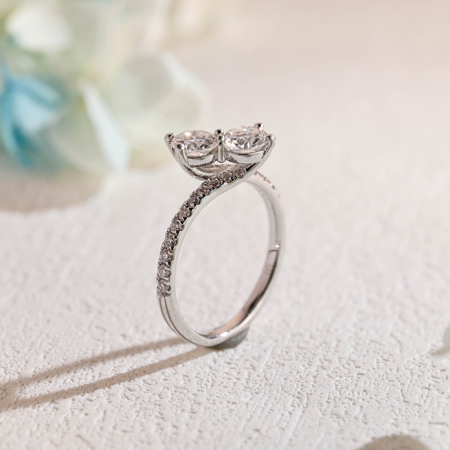 CausYou round cut moissanite engagement ring Solid Gold Toi Et Moi Round Cut Moissanite Engagement Ring, Pave Ring Bypass Ring