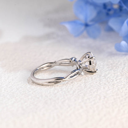 CausYou round cut moissanite engagement ring Solid Gold Twist Band Round Cut Moissanite Ring, Leaf Wedding Ring