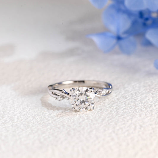 CausYou round cut moissanite engagement ring Solid Gold Twist Band Round Cut Moissanite Ring, Leaf Wedding Ring