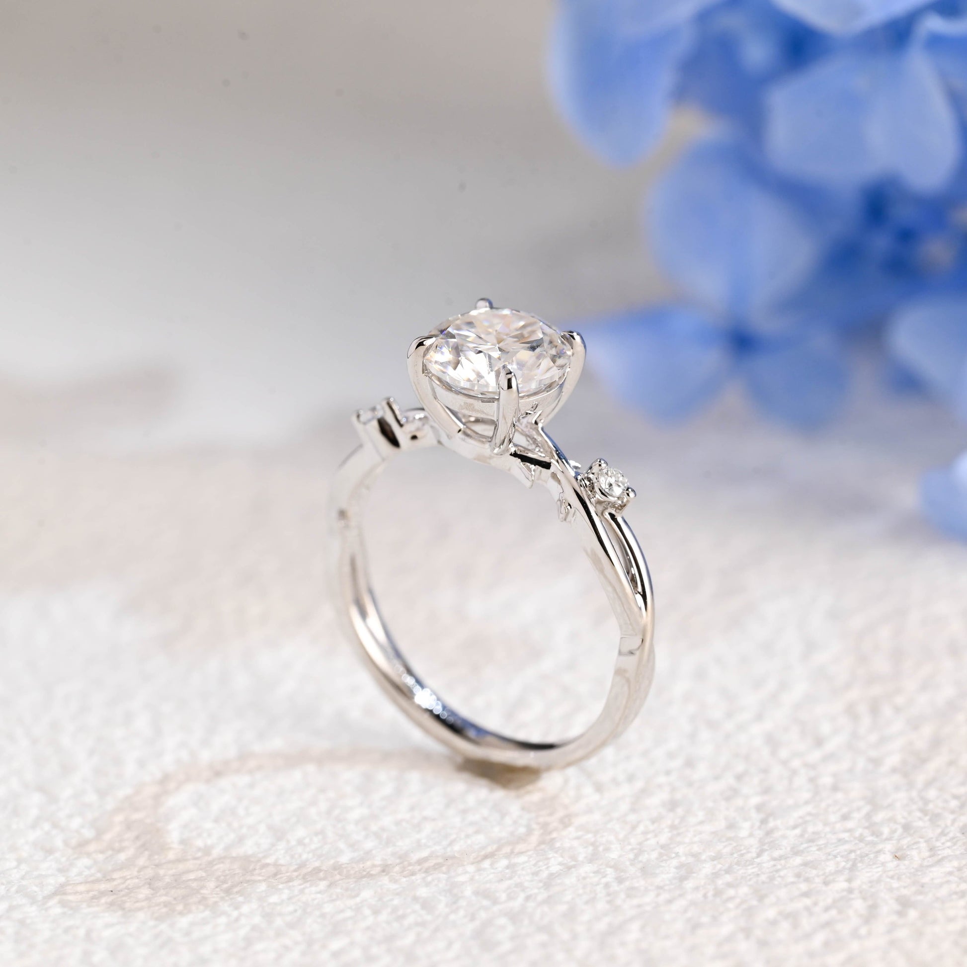 CausYou round cut moissanite engagement ring Solid Gold Twist Band Round Cut Moissanite Ring, Leaf Wedding Ring