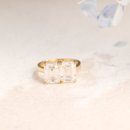 CausYou toi et moi engagement ring Solid Gold Emerald Cut Moissanite Toi et Moi Ring