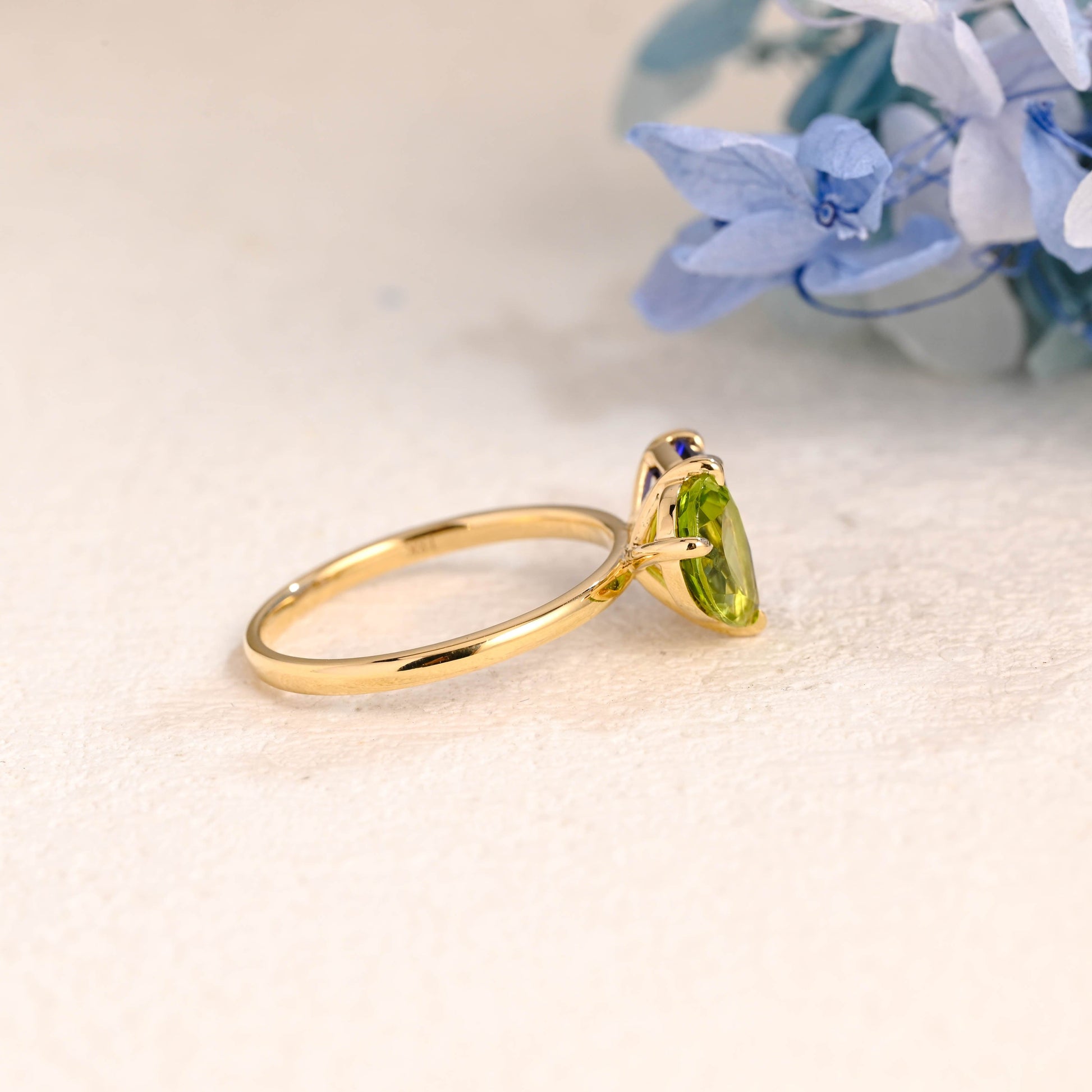 CausYou toi et moi engagement ring Solid Gold Toi Et Moi Emerald Cut Blue Sapphire & Pear Cut Olivine Engagement Ring