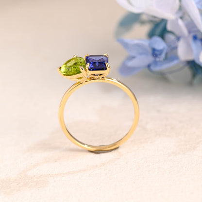 CausYou toi et moi engagement ring Solid Gold Toi Et Moi Emerald Cut Blue Sapphire & Pear Cut Olivine Engagement Ring