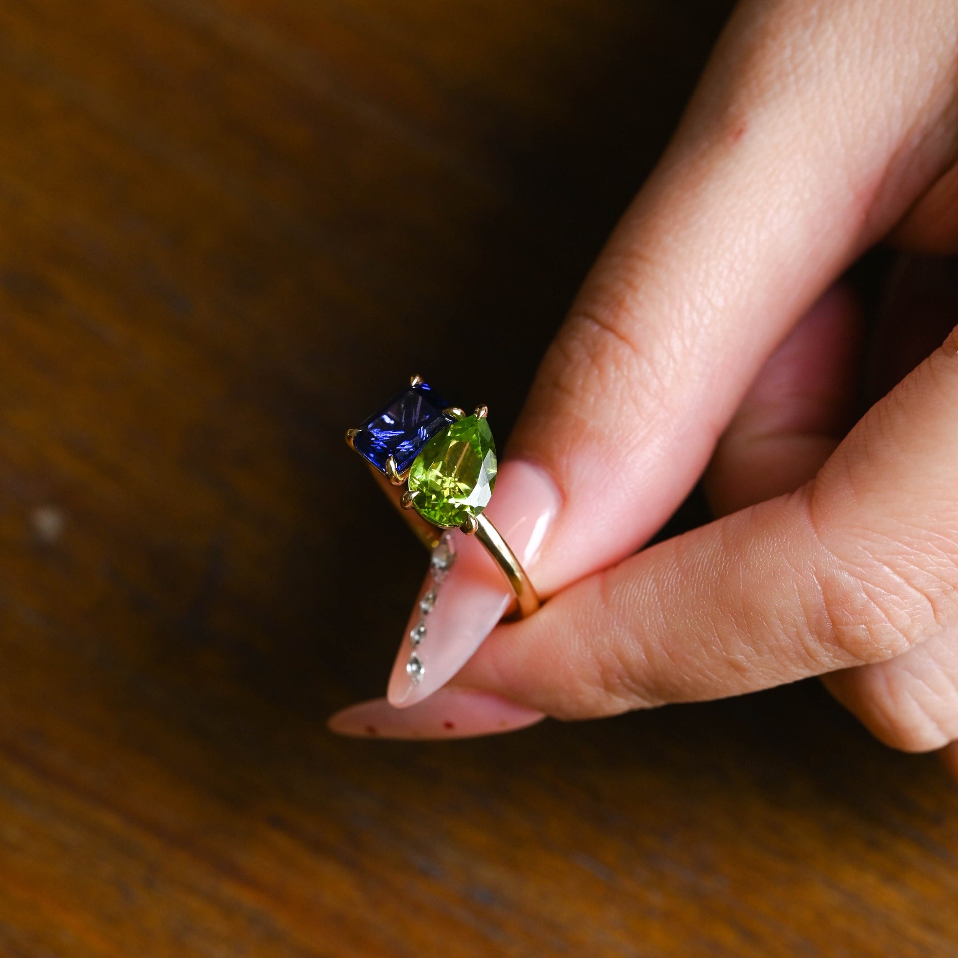 CausYou toi et moi engagement ring Solid Gold Toi Et Moi Emerald Cut Blue Sapphire & Pear Cut Olivine Engagement Ring