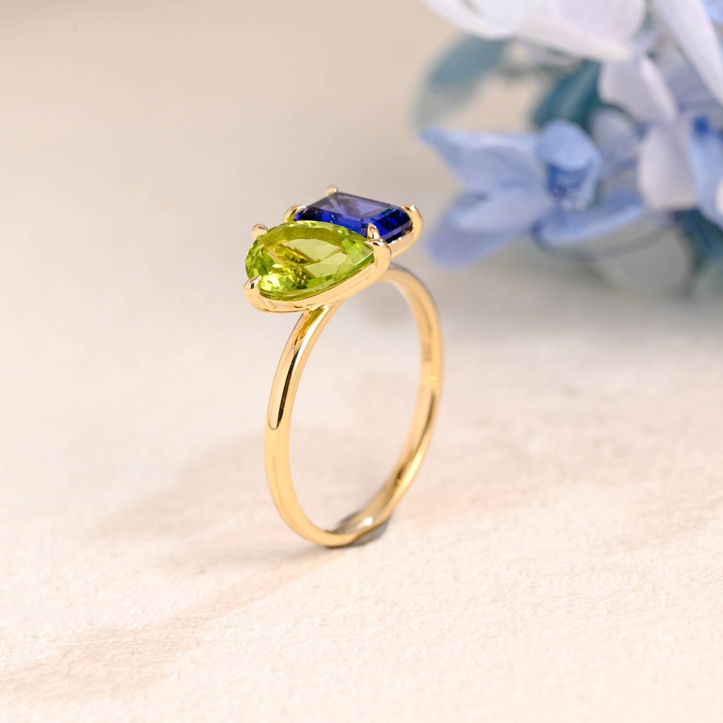 CausYou toi et moi engagement ring Solid Gold Toi Et Moi Emerald Cut Blue Sapphire & Pear Cut Olivine Engagement Ring