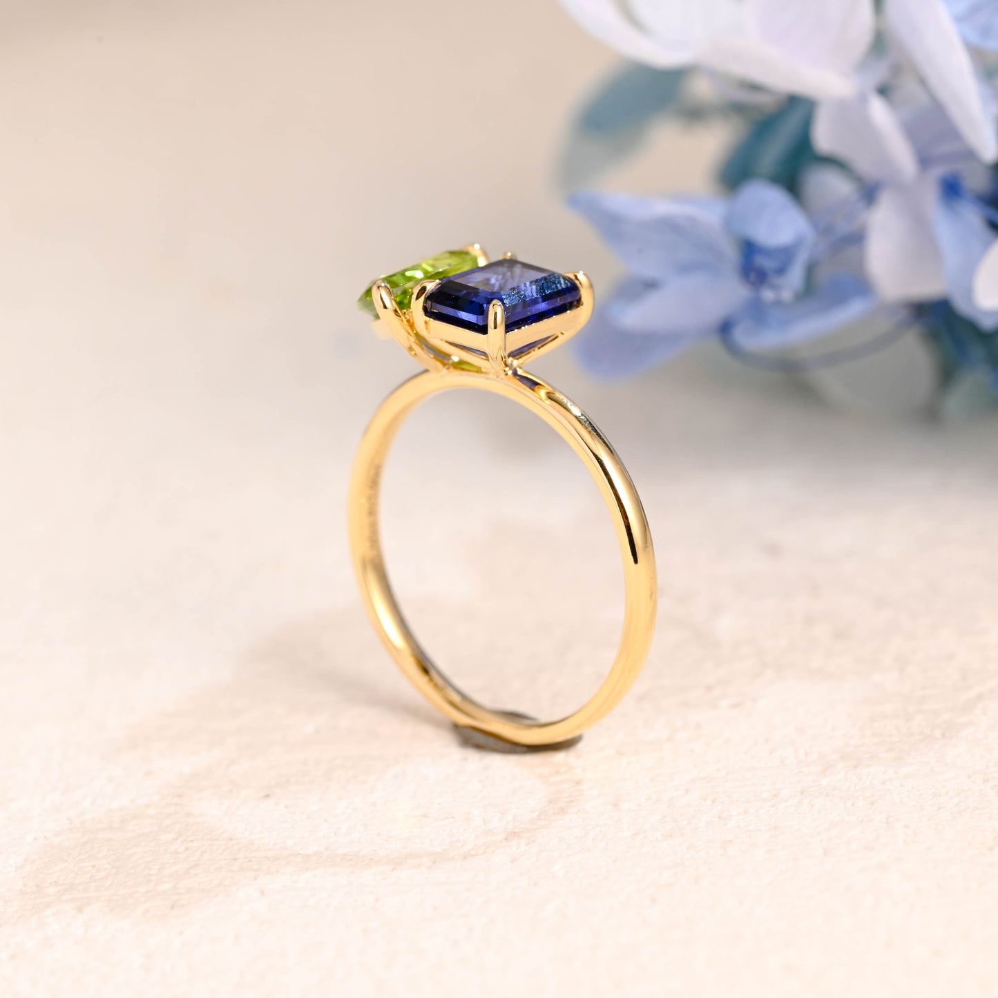 CausYou toi et moi engagement ring Solid Gold Toi Et Moi Emerald Cut Blue Sapphire & Pear Cut Olivine Engagement Ring