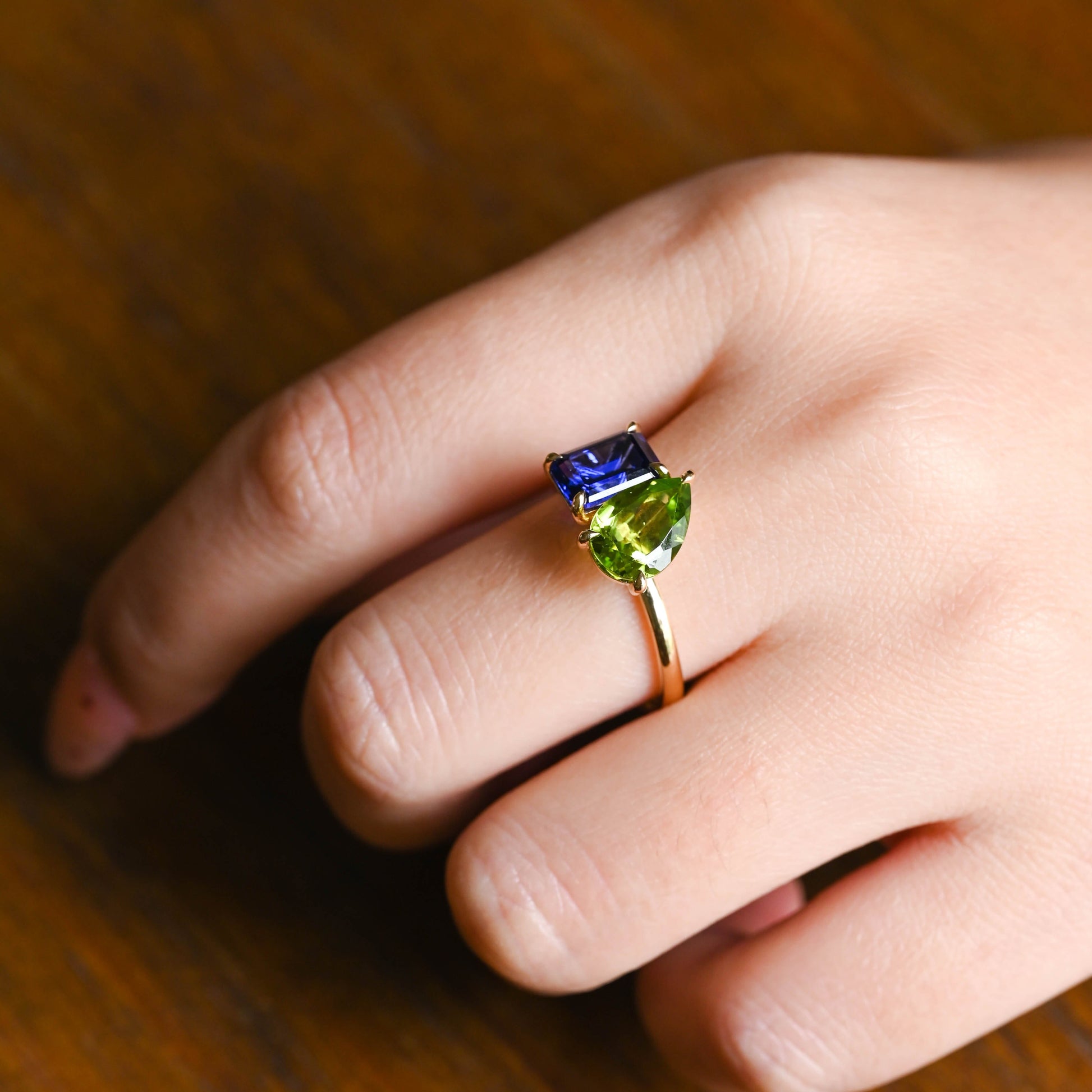 CausYou toi et moi engagement ring Solid Gold Toi Et Moi Emerald Cut Blue Sapphire & Pear Cut Olivine Engagement Ring