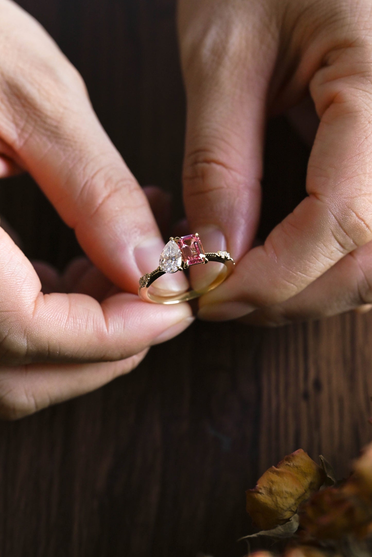 CausYou toi et moi engagement ring Solid Gold Toi et Moi Emerald Cut Moissanite & Pink Sapphire Engagement Ring