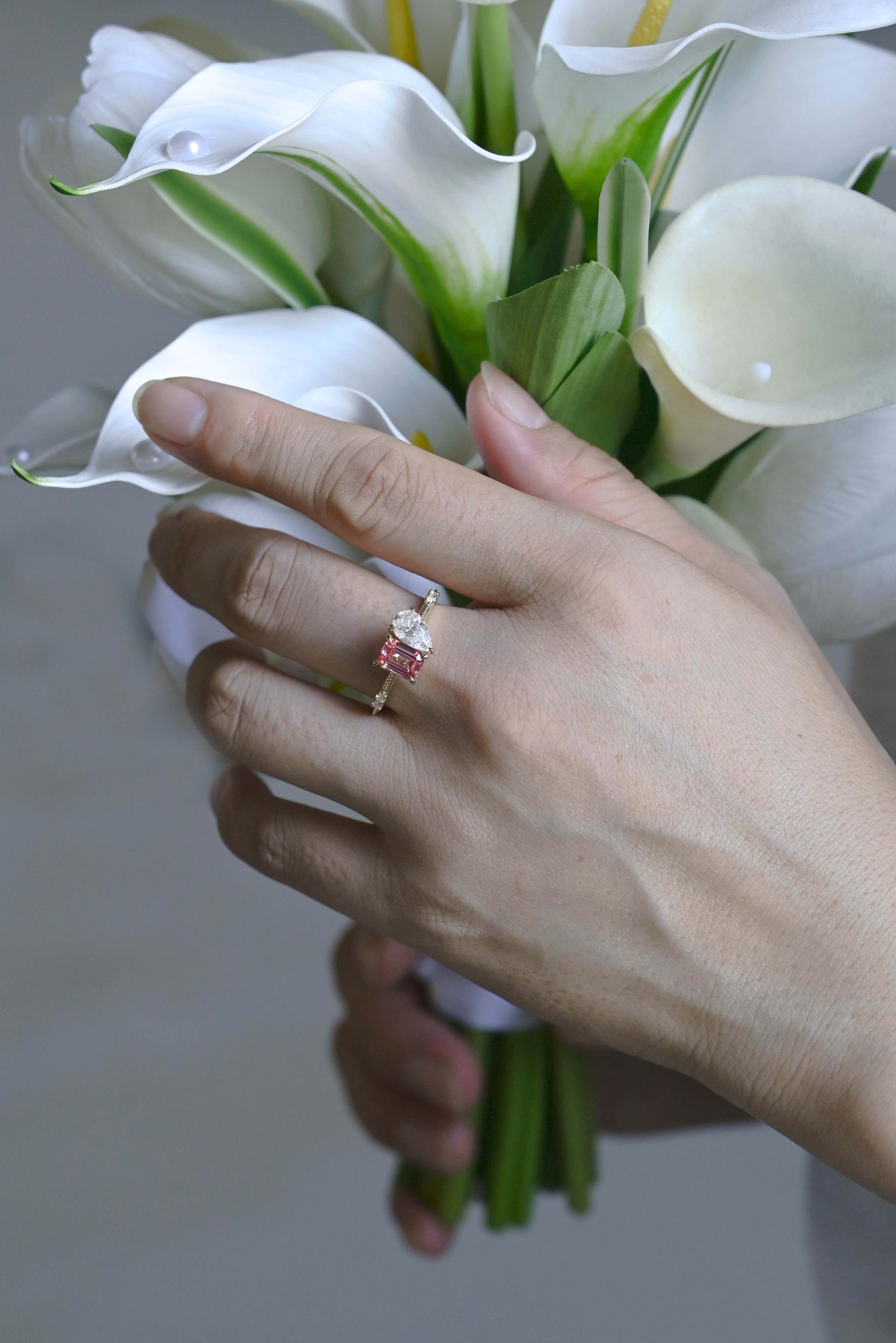 CausYou toi et moi engagement ring Solid Gold Toi et Moi Emerald Cut Moissanite & Pink Sapphire Engagement Ring