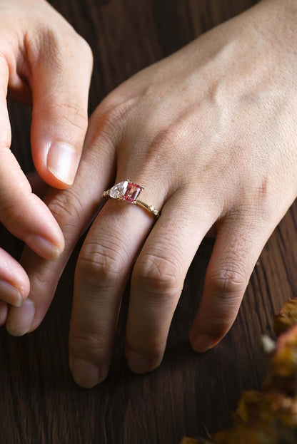 CausYou toi et moi engagement ring Solid Gold Toi et Moi Emerald Cut Moissanite & Pink Sapphire Engagement Ring
