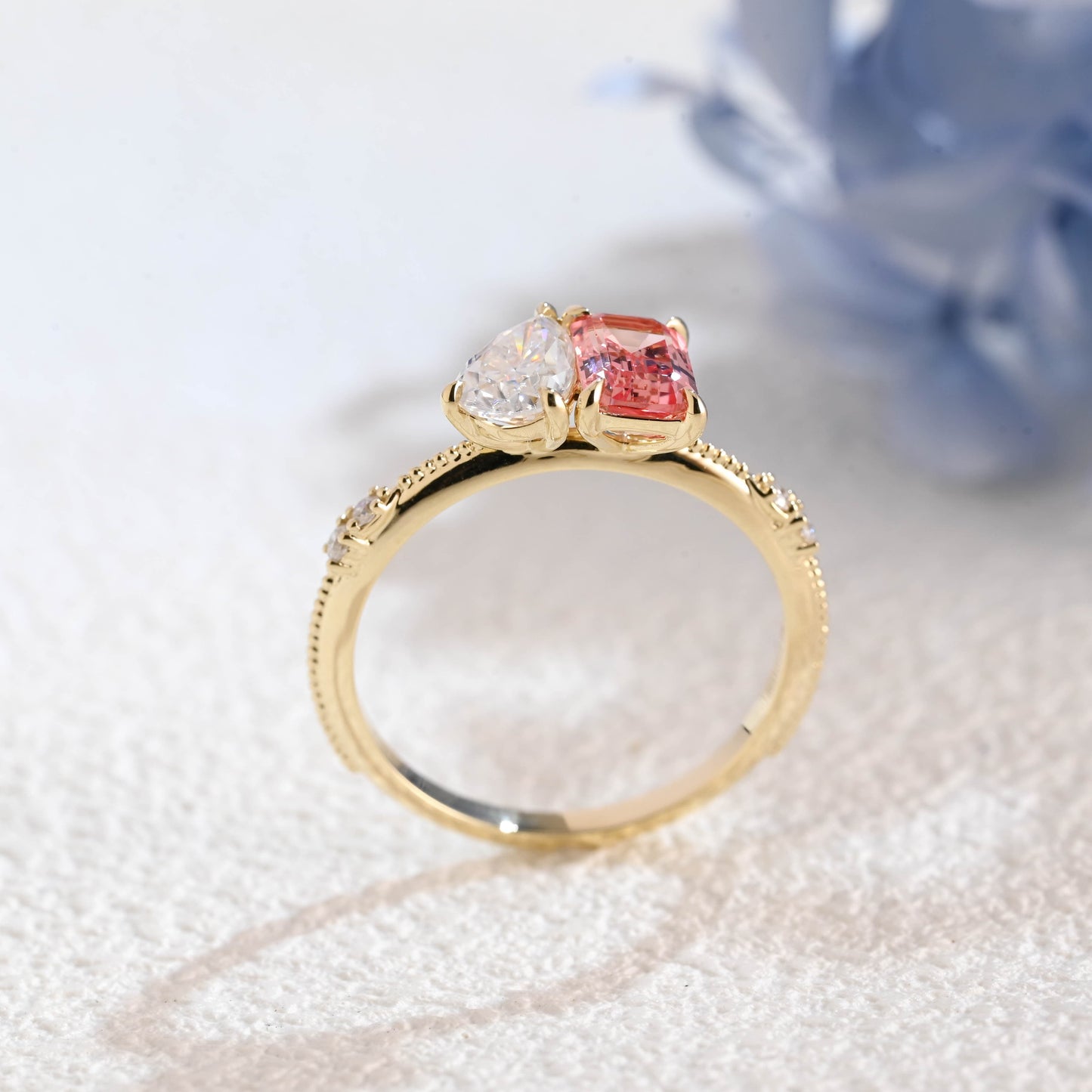 CausYou toi et moi engagement ring Solid Gold Toi et Moi Emerald Cut Moissanite & Pink Sapphire Engagement Ring