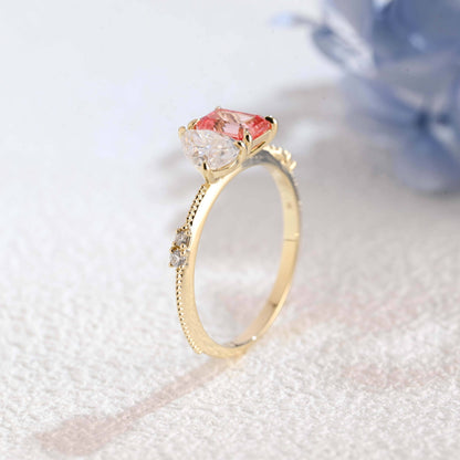 CausYou toi et moi engagement ring Solid Gold Toi et Moi Emerald Cut Moissanite & Pink Sapphire Engagement Ring