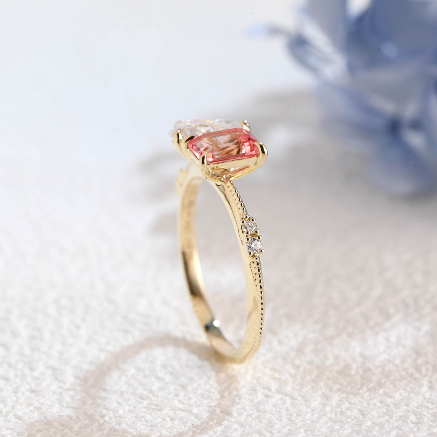 CausYou toi et moi engagement ring Solid Gold Toi et Moi Emerald Cut Moissanite & Pink Sapphire Engagement Ring