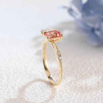 CausYou toi et moi engagement ring Solid Gold Toi et Moi Emerald Cut Moissanite & Pink Sapphire Engagement Ring