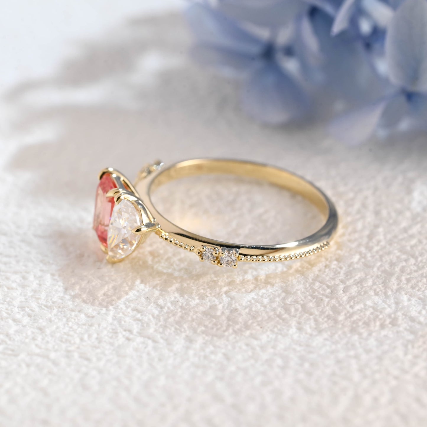 CausYou toi et moi engagement ring Solid Gold Toi et Moi Emerald Cut Moissanite & Pink Sapphire Engagement Ring