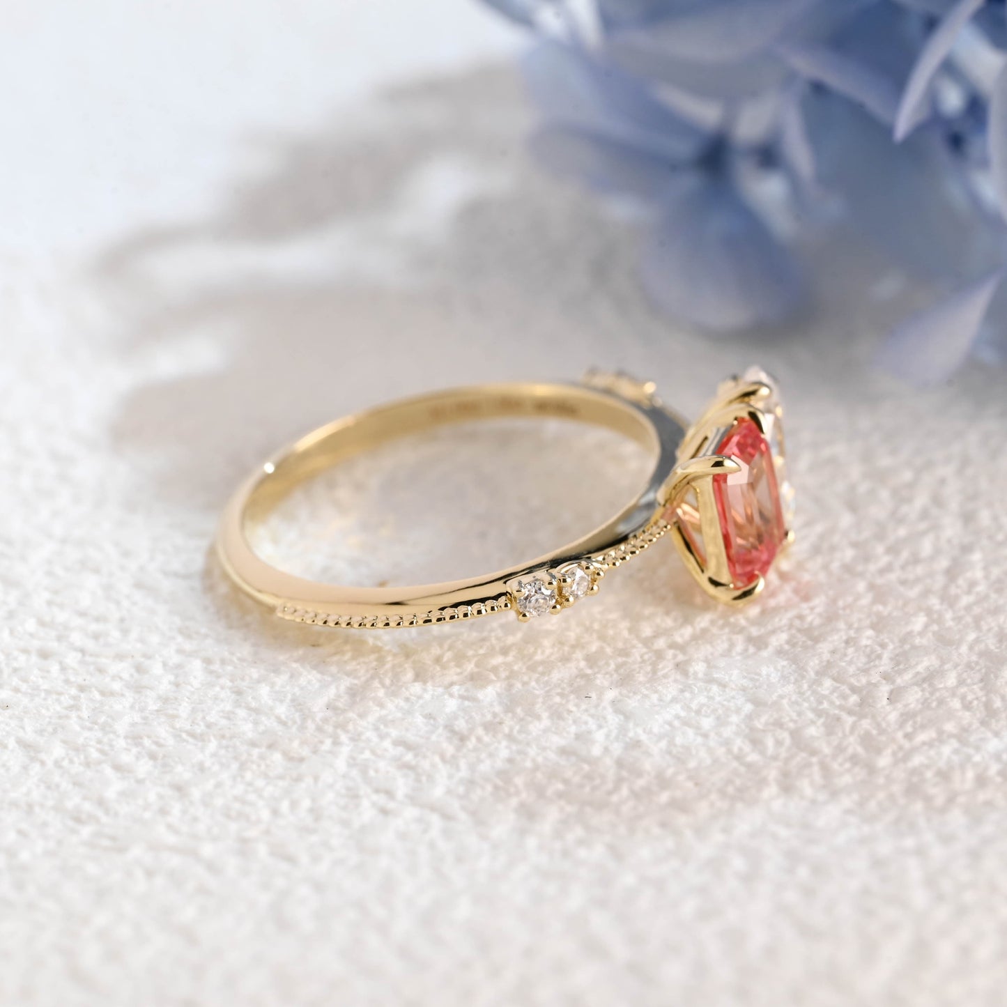 CausYou toi et moi engagement ring Solid Gold Toi et Moi Emerald Cut Moissanite & Pink Sapphire Engagement Ring