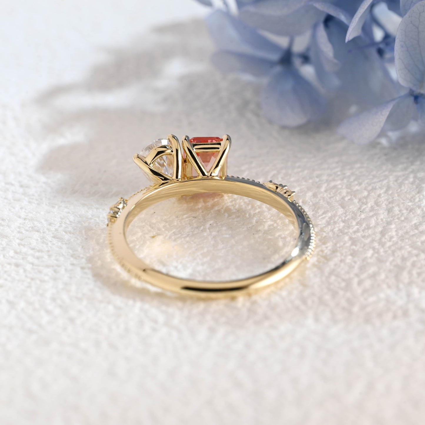 CausYou toi et moi engagement ring Solid Gold Toi et Moi Emerald Cut Moissanite & Pink Sapphire Engagement Ring
