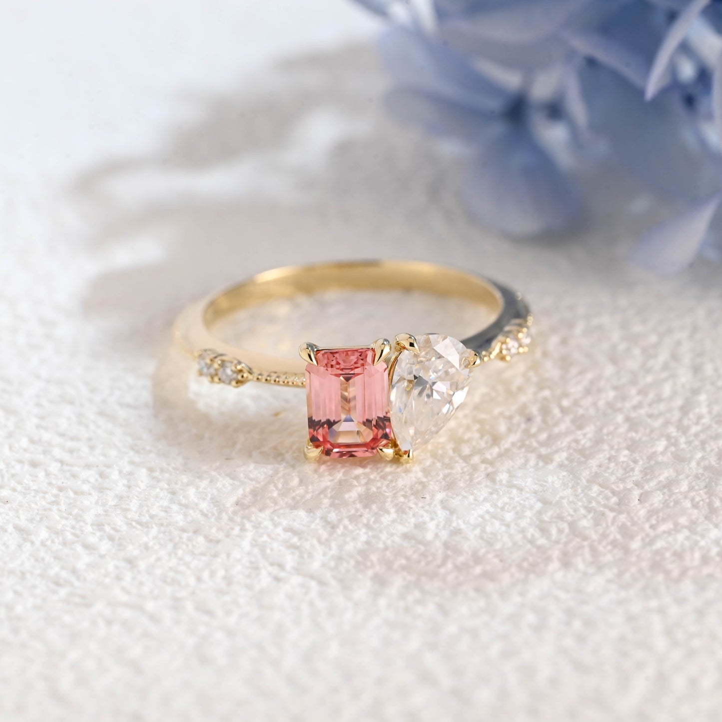 CausYou toi et moi engagement ring Solid Gold Toi et Moi Emerald Cut Moissanite & Pink Sapphire Engagement Ring