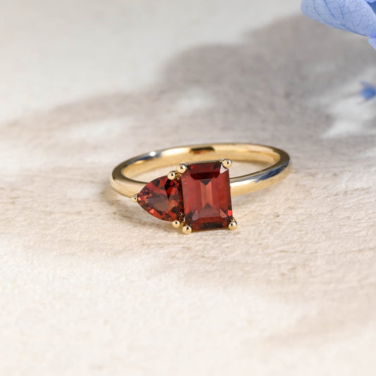 CausYou toi et moi engagement ring Solid Gold Toi Et Moi Emerald Cut & Trillion Cut Garnet Engagement Ring