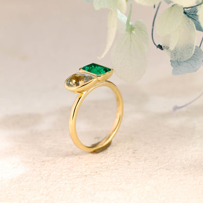 CausYou toi et moi engagement ring Solid Gold Toi et Moi Lab Grown Emerald & Pear Cut Aquamarine Sapphire Engagement Ring