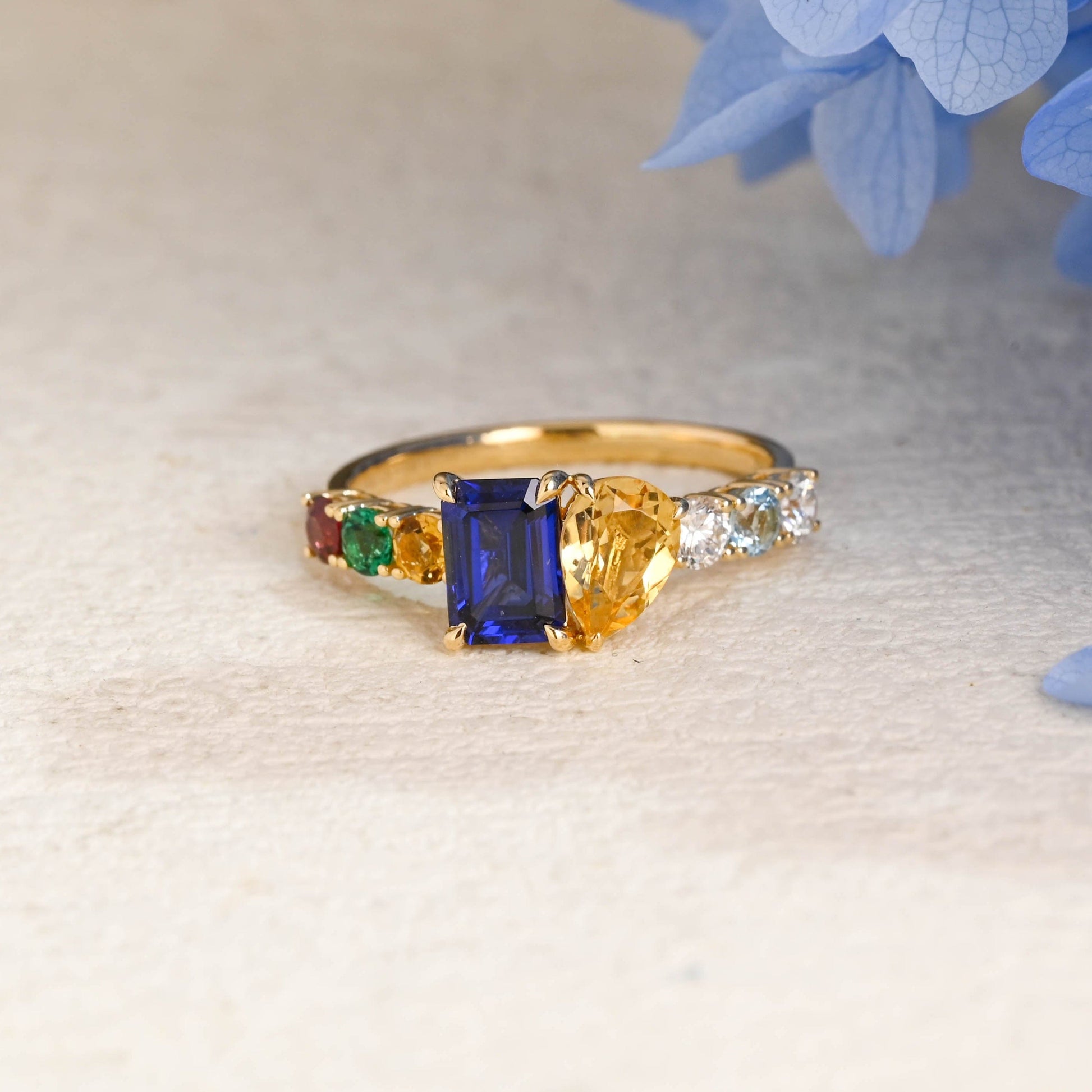 Solid Gold Toi et Moi Pear Cut Citrine Emerald Cut Blue Sapphire
