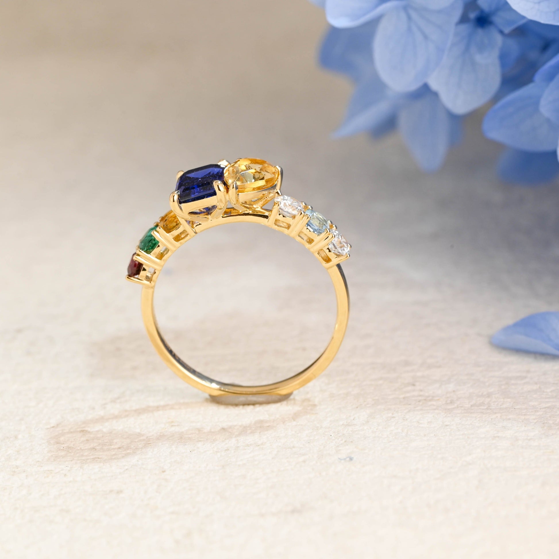 CausYou toi et moi engagement ring Solid Gold Toi et Moi Pear Cut Citrine & Emerald Cut Blue Sapphire Engagement Ring