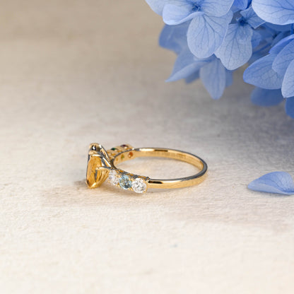 CausYou toi et moi engagement ring Solid Gold Toi et Moi Pear Cut Citrine & Emerald Cut Blue Sapphire Engagement Ring