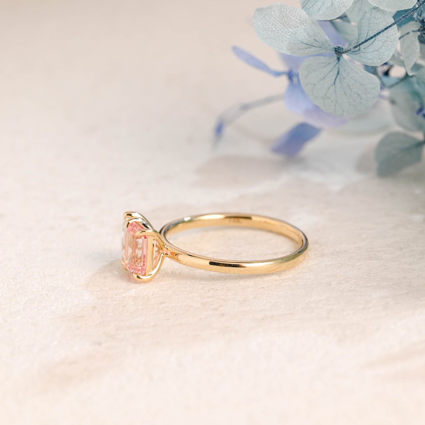 CausYou toi et moi engagement ring Solid Gold Toi et Moi Pink Emerald Cut Lab Grown Sapphire & Pear Cut Moissanite Engagament Ring