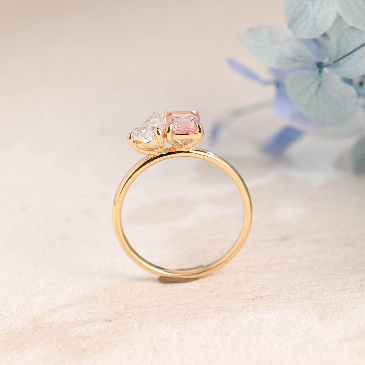 CausYou toi et moi engagement ring Solid Gold Toi et Moi Pink Emerald Cut Lab Grown Sapphire & Pear Cut Moissanite Engagament Ring