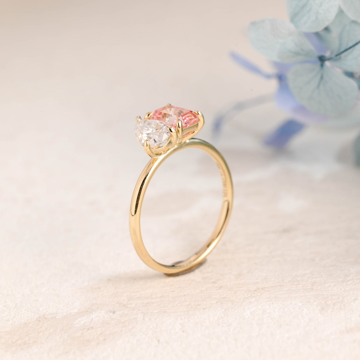 CausYou toi et moi engagement ring Solid Gold Toi et Moi Pink Emerald Cut Lab Grown Sapphire & Pear Cut Moissanite Engagament Ring