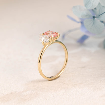 CausYou toi et moi engagement ring Solid Gold Toi et Moi Pink Emerald Cut Lab Grown Sapphire & Pear Cut Moissanite Engagament Ring