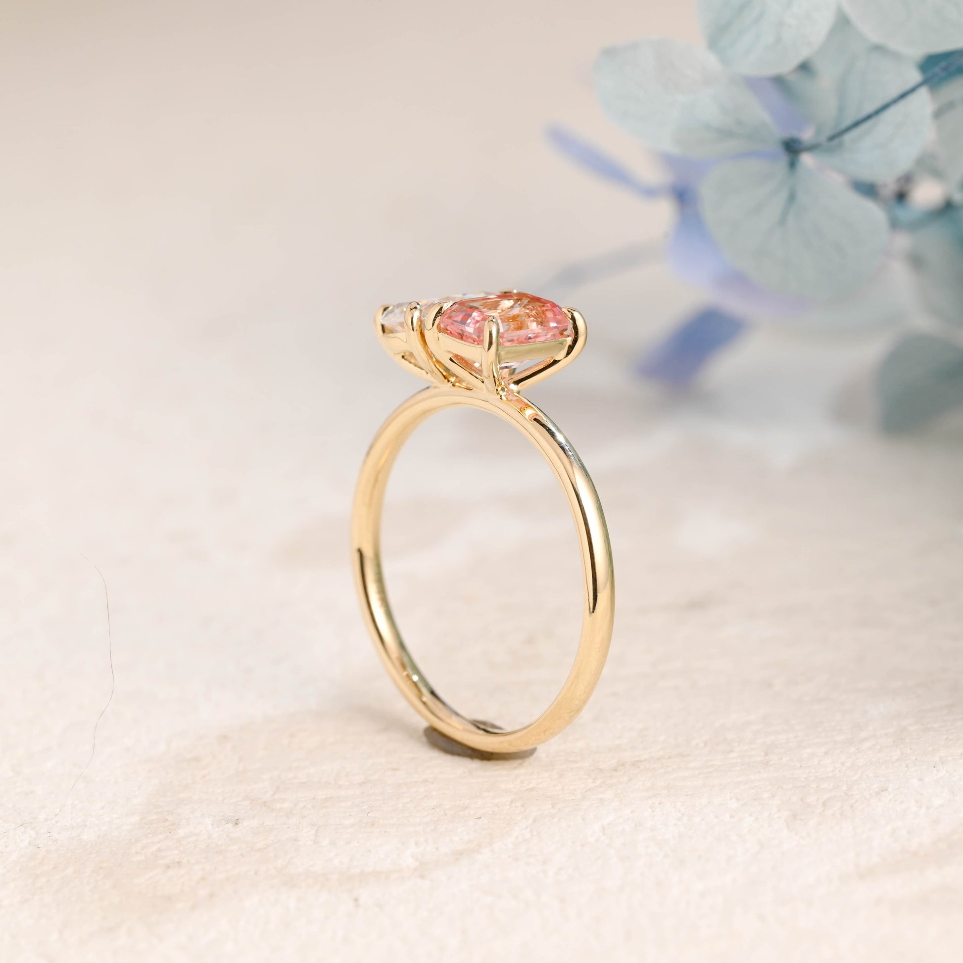 CausYou toi et moi engagement ring Solid Gold Toi et Moi Pink Emerald Cut Lab Grown Sapphire & Pear Cut Moissanite Engagament Ring