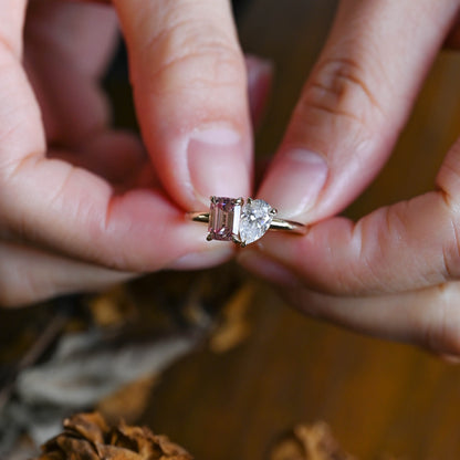 CausYou toi et moi engagement ring Solid Gold Toi et Moi Pink Emerald Cut Lab Grown Sapphire & Pear Cut Moissanite Engagament Ring