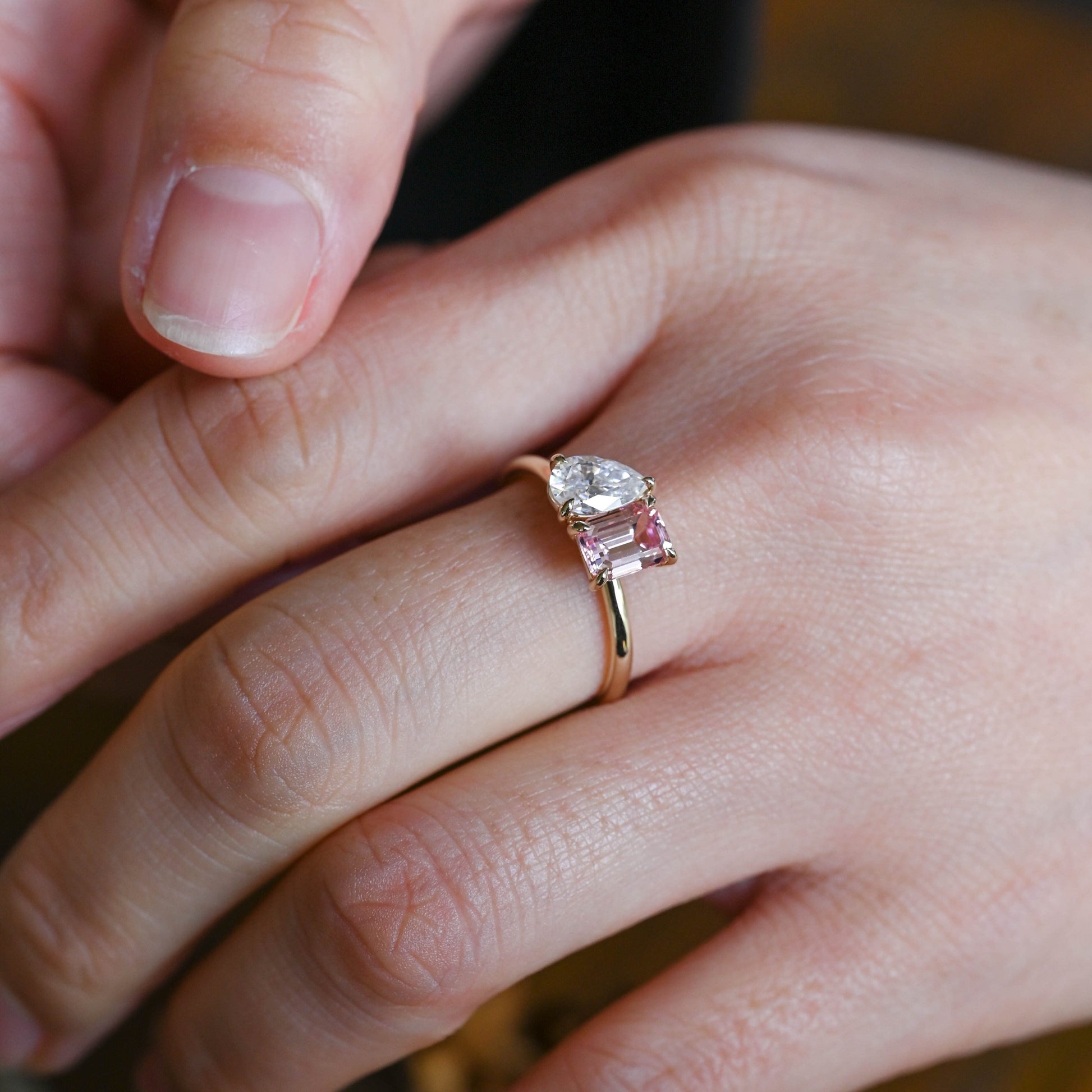 CausYou toi et moi engagement ring Solid Gold Toi et Moi Pink Emerald Cut Lab Grown Sapphire & Pear Cut Moissanite Engagament Ring