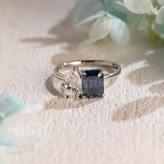 CausYou toi et moi engagement ring Solid Gold Toi Et Moi Ring, Blue Emerald Cut Moissanite & Pear Cut Moissanite Engagement Ring, Promise Ring