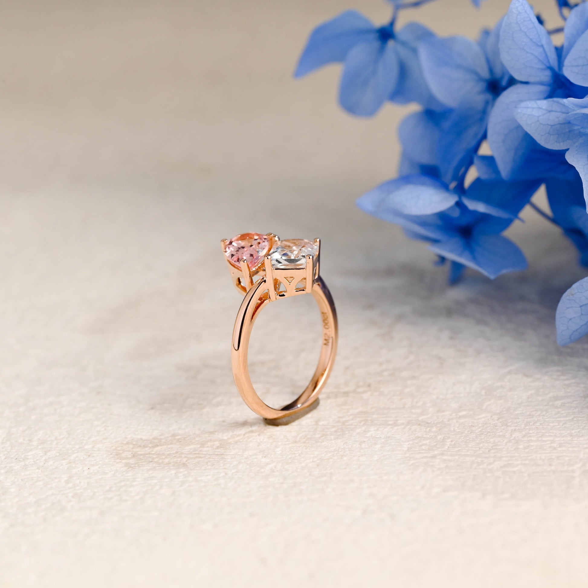 CausYou toi et moi engagement ring Solid Gold Toi et Moi Ring, Bypass Emerald Cut Moissanite & Pink Lab Sapphire Engagement Ring