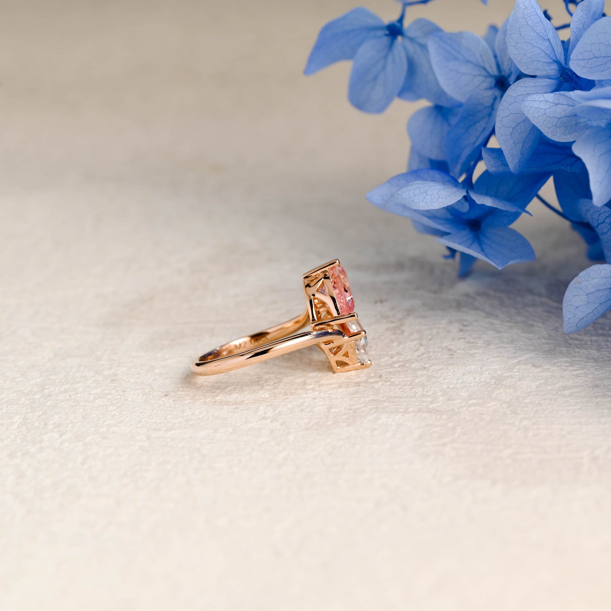 CausYou toi et moi engagement ring Solid Gold Toi et Moi Ring, Bypass Emerald Cut Moissanite & Pink Lab Sapphire Engagement Ring