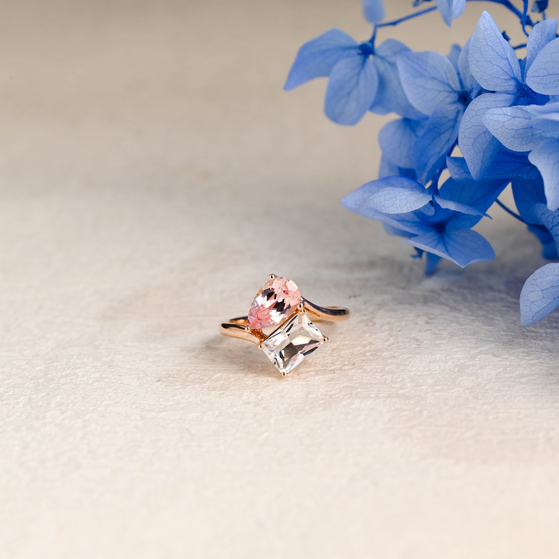 CausYou toi et moi engagement ring Solid Gold Toi et Moi Ring, Bypass Emerald Cut Moissanite & Pink Lab Sapphire Engagement Ring
