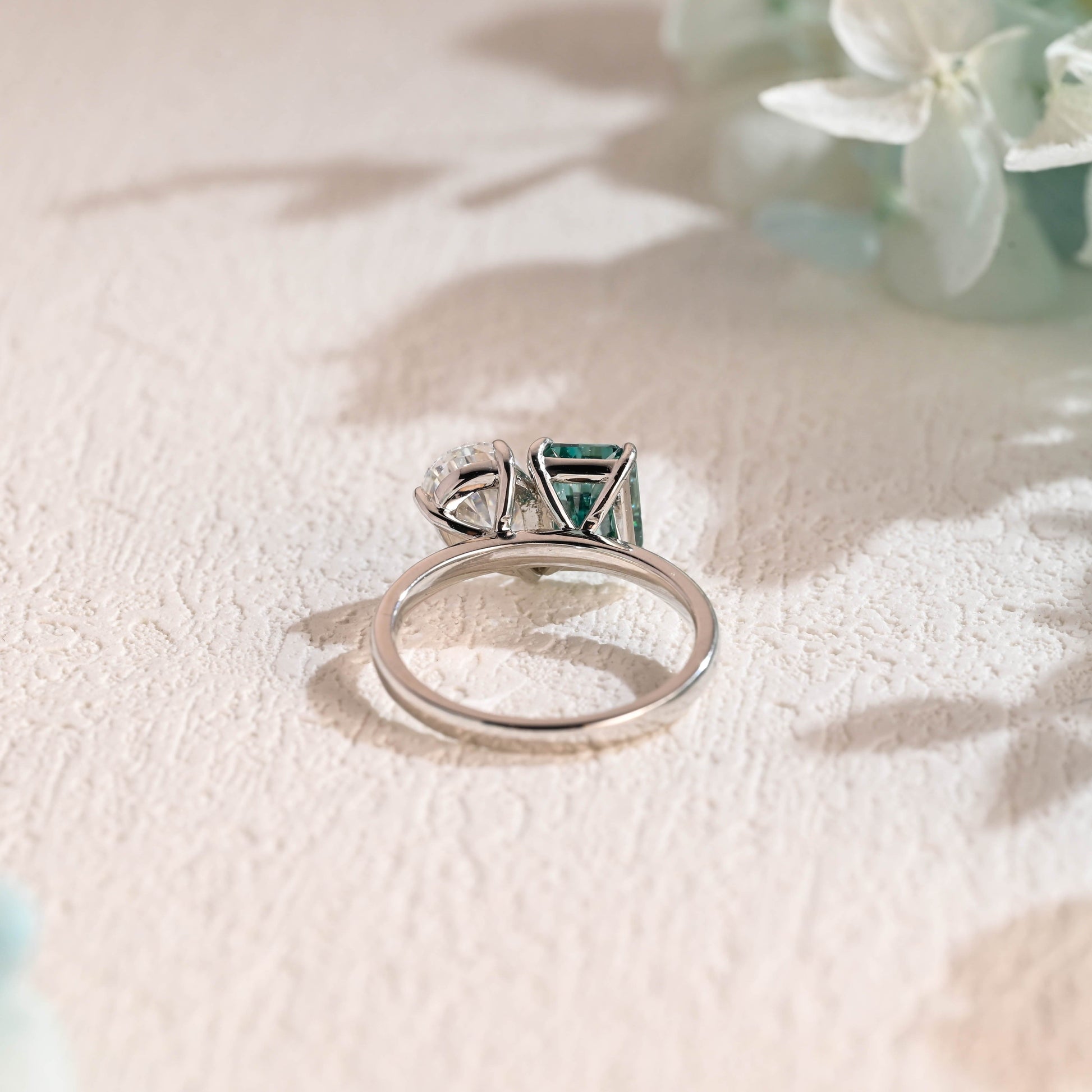 CausYou toi et moi engagement ring Solid Gold Toi Et Moi Ring, Green Emerald Cut Moissanite & Pear Cut Moissanite Engagement Ring, Promise Ring